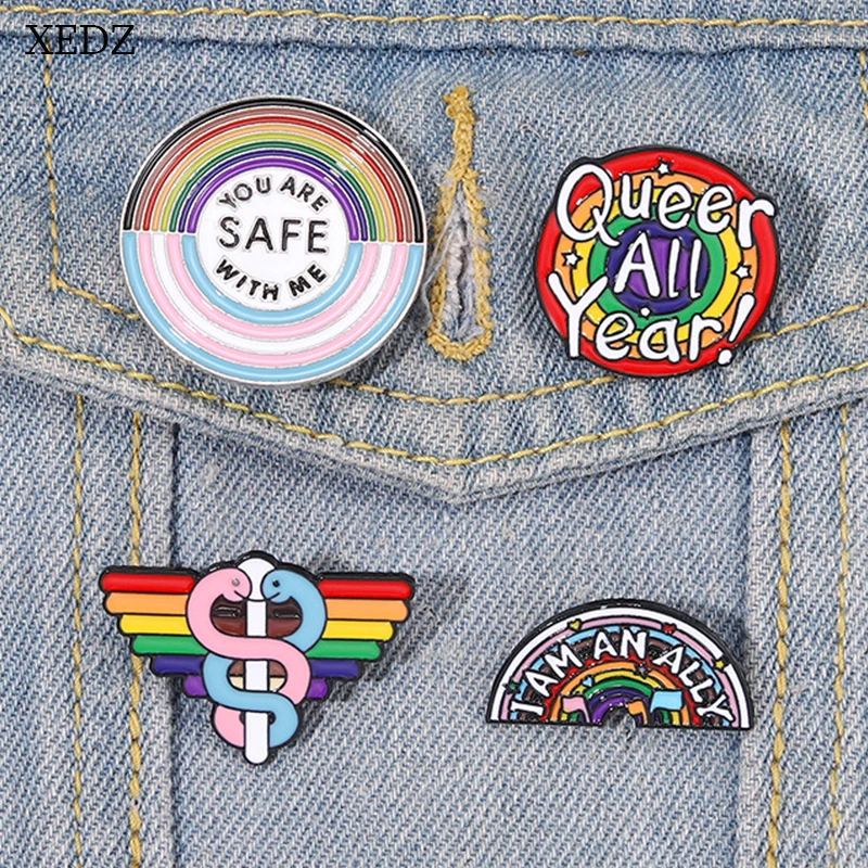 

XEDZ Creative Rainbow Enamel Pins You Are Safe with Me Brooches Quote Lapel Color Backpack Jewelry Accessories Friends Gifts