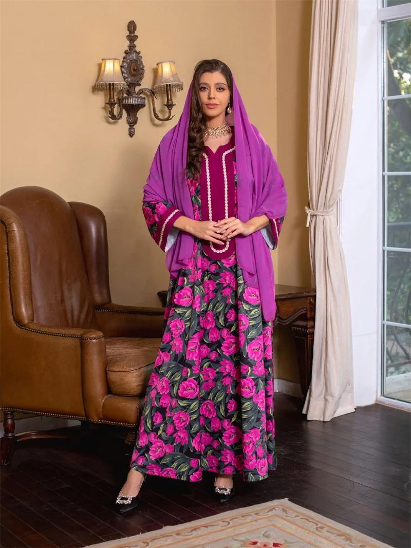 Abaya Dubai Turkey Muslim Hijab Dress Floral Printed Dress Luxury Diamonds V-neck Patchwork Long Sleeve Ramadan Clothes Spring
