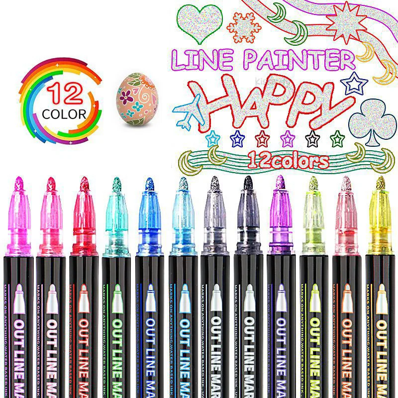 12 Color Double Line Outline Art Pen Marker Pen DIY Graffiti Outline Marker Pen Highlighter Scrapbook Bullet Diary Poster Card