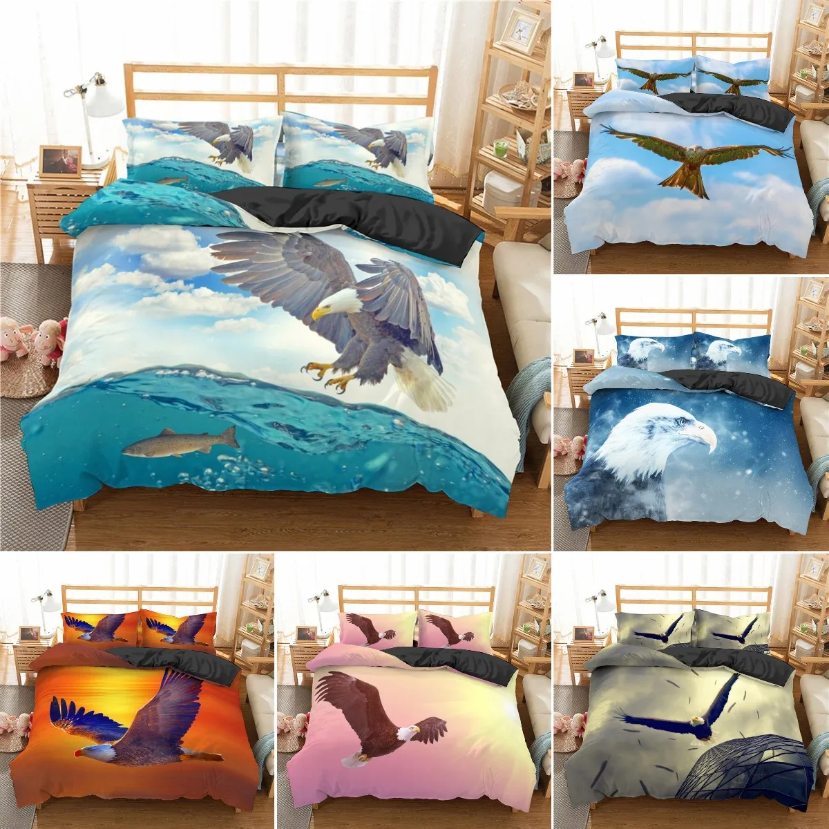 Eagle Duvet Cover Set King/Queen Size,white Eagle Hunting on The Sea Print Bedding Set for Boys Man Adults,with 2 Pillowcases