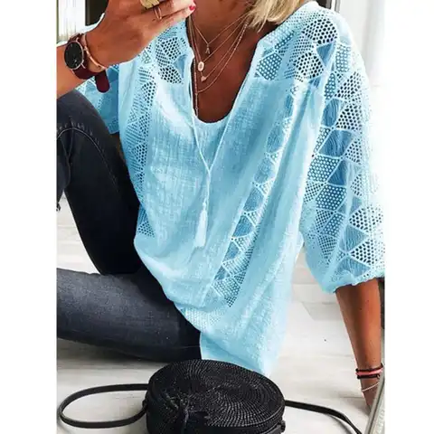 Large Size Loose Cotton Womens Blouse 2023 Summer Women Blouse Tops Fashion Casual V-neck Five-point Sleeve Lace Plus Size Shirt