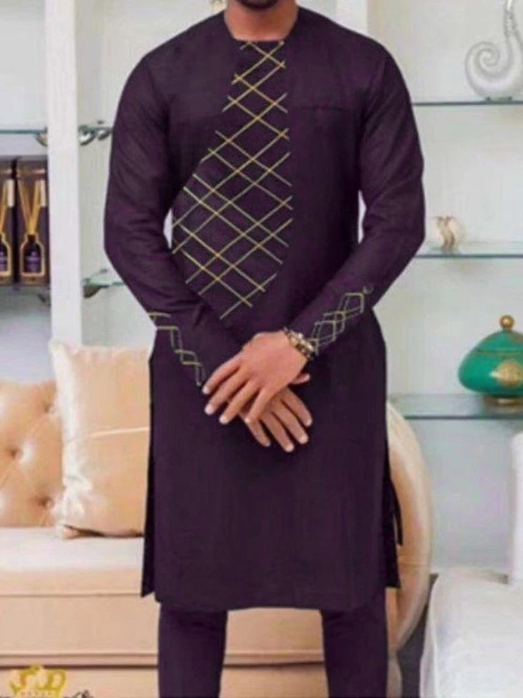 Muslim Fashion African Arabian Four Seasons Casual Purple Youth Ordinary Print Men's Suit Camisas Estilo Europeo Pars Hombre