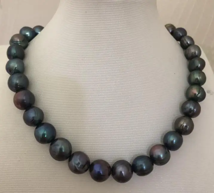 

stunning 10-11mm tahitian baroque black green pearl necklace 18" 925s