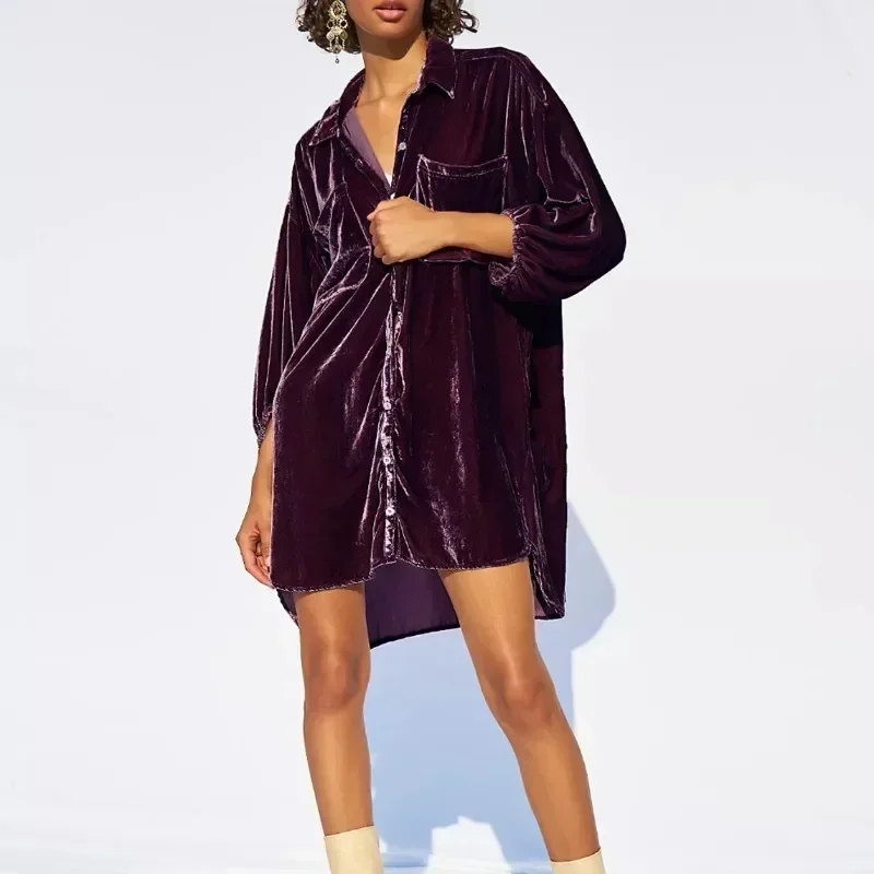 Осенняя свободная бархатная длинная рубашка с рукавами-фонариками модные