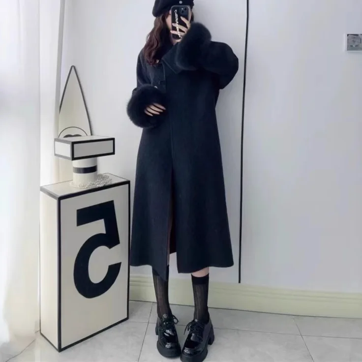 Лисьий мех насыщенная дочь двустороннее кашемировое пальто женская