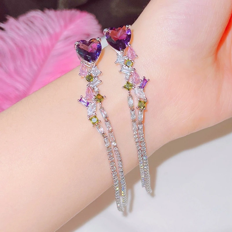 

Elegant Purple Amethyst Crystal Stone Heart Tassel Drop Dangle Earrings For Women Banquet Party Jewelry