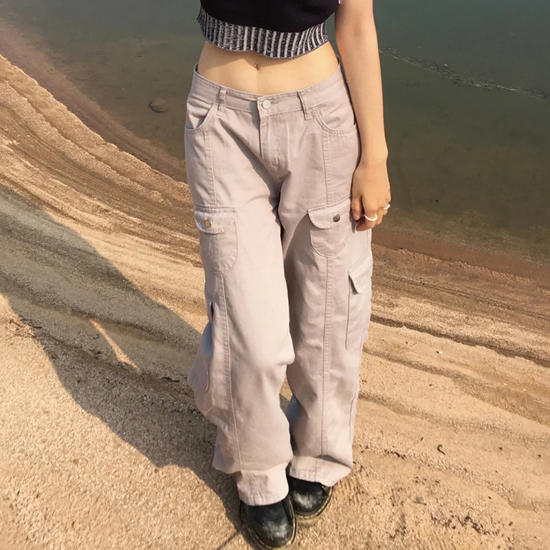 

Женские модные брюки-карго на осень и весну, Женские однотонные свободные длинные брюки на молнии с низкой талией и множеством карманов, ули...