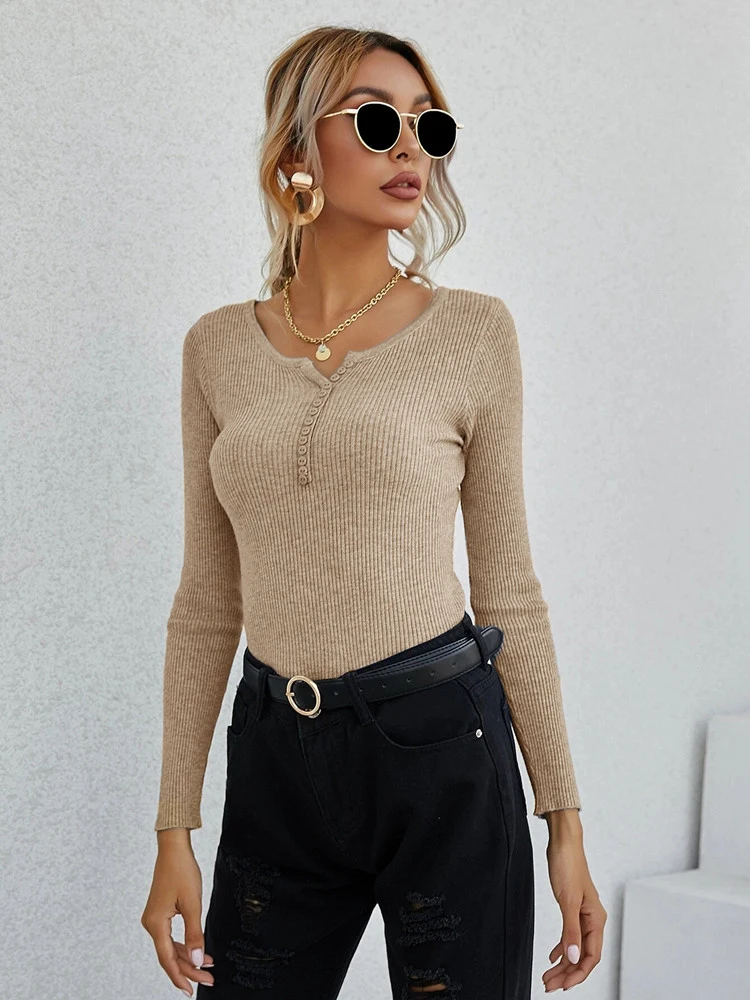 Summer To Autumn Women Long Sleeve V Neck Button Stretchable Pullover Korean Sweater Femme Jersey Knitted Pull Jumper Clothes