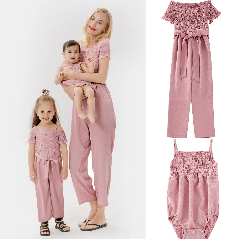 

Chiffon Overalls Boat-Neck Mother Daughter Matching Dresses Family Set One-Piece Mommy and Me Clothes Baby Girls Women Jumpsuits