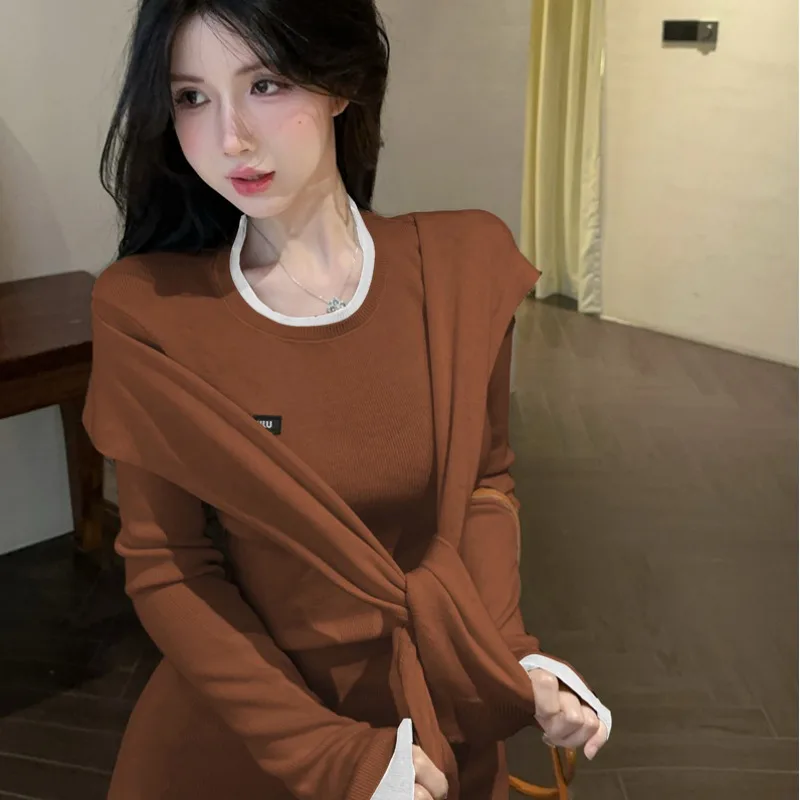 @ Real Shot Price New ~ Korean Series Sweet All-Match Color Matching Waist Hugging Long sleeve Knitted Hip Skirt Women w...