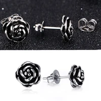 retro simple ancient silver color black rose flower floral shaped metal stud earrings for women party jewelry accessories