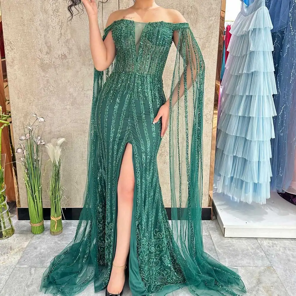 

Elegant Mermaid Lace Women's Evening Dress Off The Shoulder Strapless Shawl Pleated Backless High Split Sexy Fashion Prom Gown