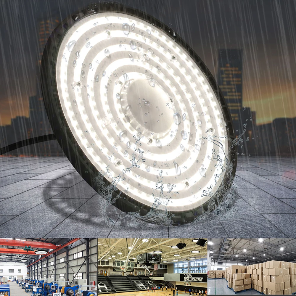 UFO LED High Bay Light 100W 150W 200W Fixture 5' Cable With ES Plug 165-265V Commercial Warehouse Area Light for Wet Location