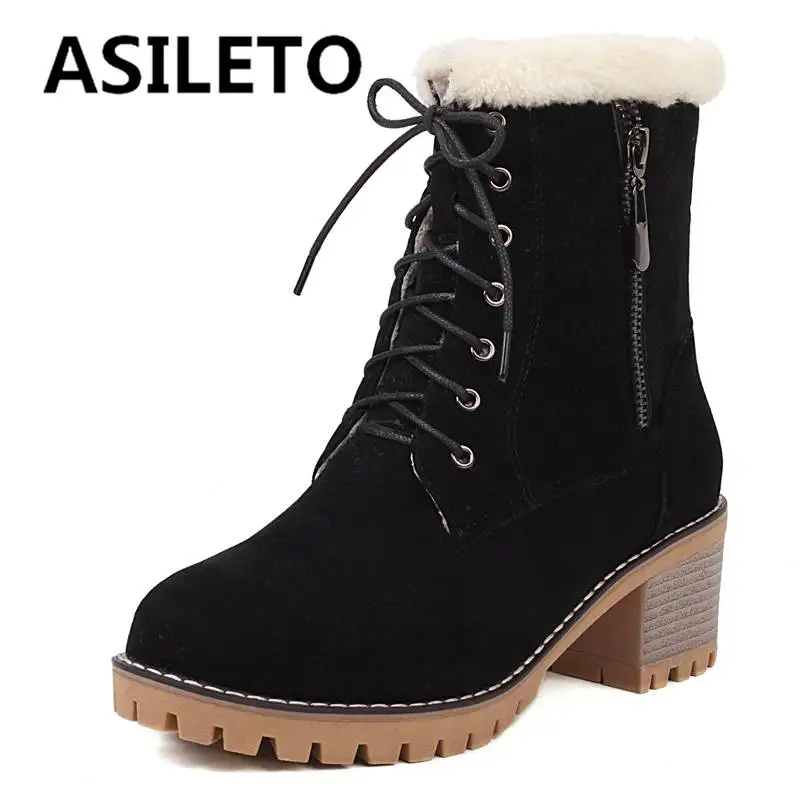 

ASILETO Womans Snow Winter Boots Plush Round Toe Block Heel 5.5cm Zipper Lace Up Plus Size 43 Casual Warm Shoes For Lady S4397