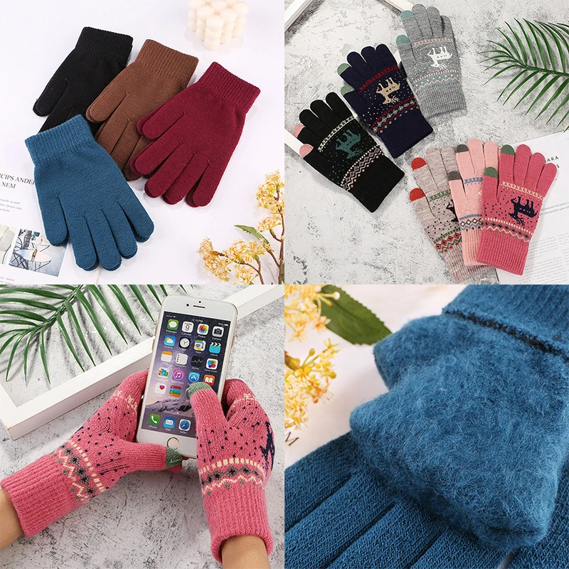 

1Pair Winter Christmas Male Female Deer Plush Thickened Wool Knitted Touch Screen Riding Warm Proof Split Finger Gloves