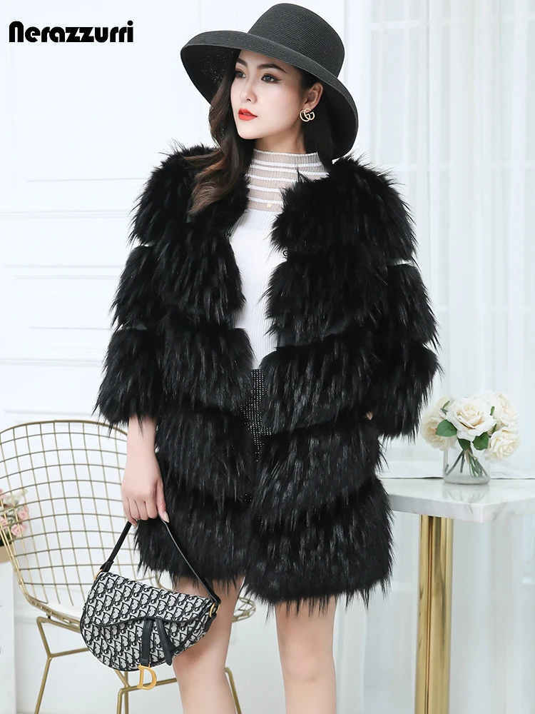 

Nerazzurri Winter Black Thick Warm Striped Shaggy Hairy Faux Fox Fur Coat Women 3/4 Sleeve Luxury Designer Fluffy Jacket Fashion