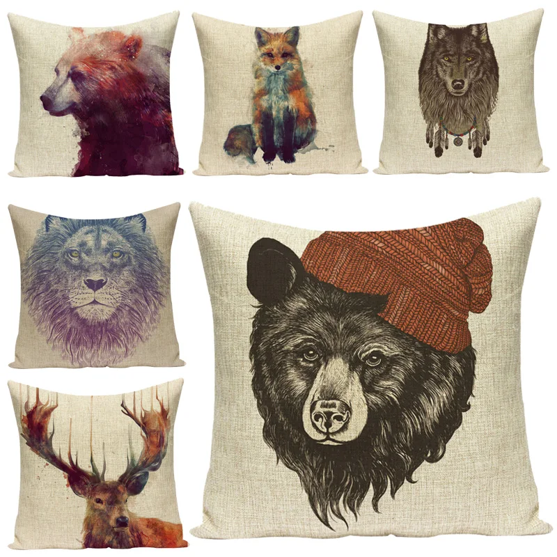 

Наволочка для дивана с изображением животных, панды, Льва, совы, кролика, волка, 45x45 см, квадратный верх, льняная хлопковая наволочка с принто...
