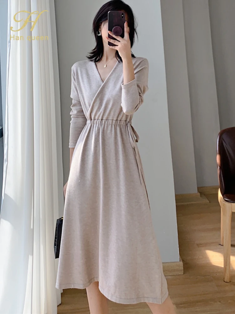 

H Han Queen Casual V-neck Loose Women knitted Sweater Dress Elegant Winter Female Lace up Knit Jumpers Bottoming Vestidos