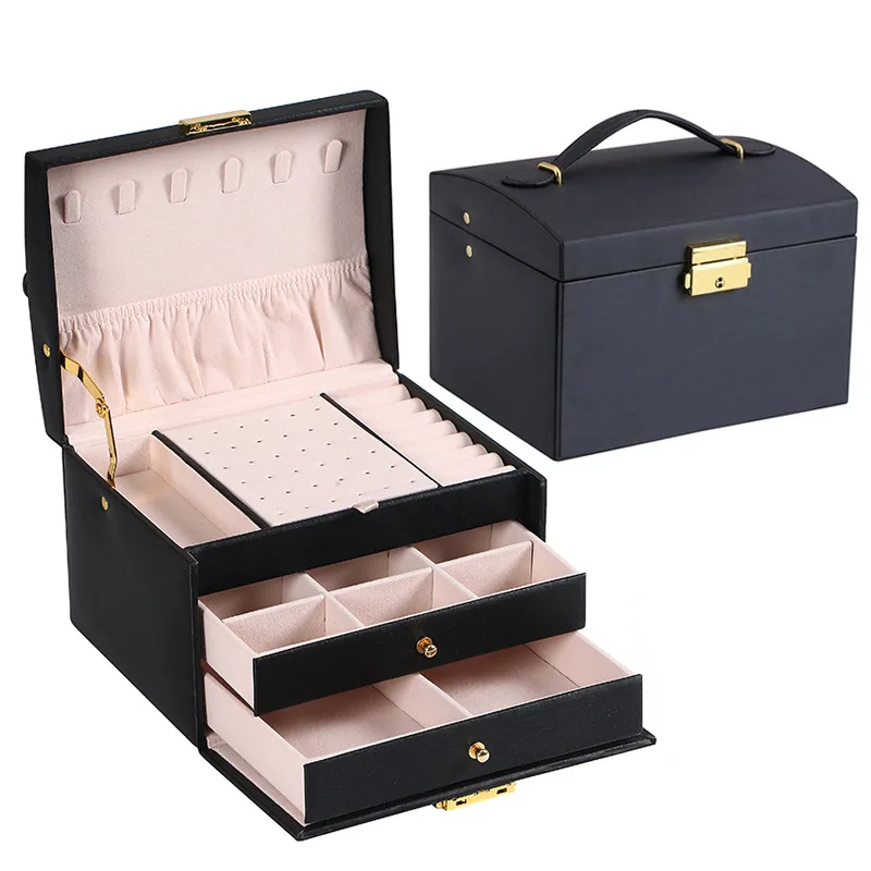 Multi-functional Three-layer Leather Drawer-style Jewelry Box Earrings Earrings Lock Jewelry Box