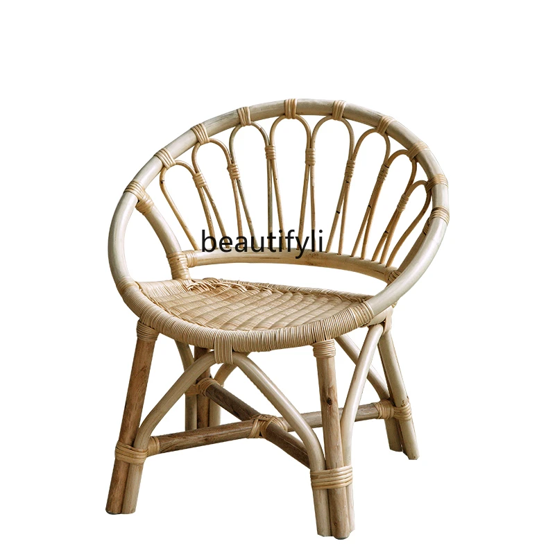 

HJ Three-Piece Natural Real Rattan Chair Household Rattan Balcony Small Rattan Chair Armchair Single Seat Chair