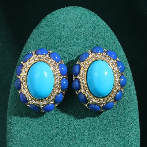 Винтажные синие овальные серьги-гвоздики с камнями для женщин, ювелирные изделия, тенденции 2024, аксессуары высокого качества, золотой цвет, стразы для вечеринки