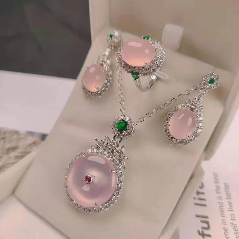 

Factory Wholesale Gao Bing925Silver Inlaid Rose Chalcedony Peace Buckle Suit Pink Agate Ring Earrings Necklace