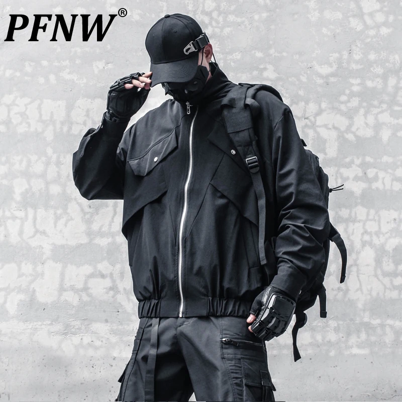 

PFNW Men's Autumn Darkwear Style Patchwork Design High Sense Tactical Coat Streetwear Stand Collar Zippered Jackets Tide 12Z4382