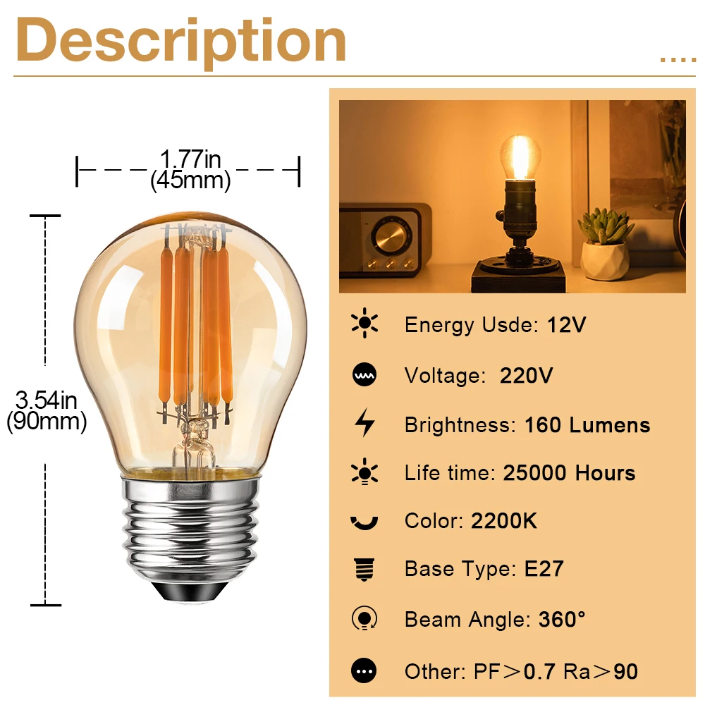 Постоянный ток 12 В низкое напряжение G45 глобус фотолампа RV прицеп 2 Вт 160 лм