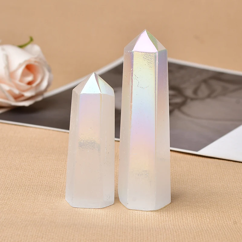 

1PC Natural Aura Selenite Crystal Point Electroplating Wand Healing Stone Energy White Quartz Home Decoration Reiki Tower Gifts