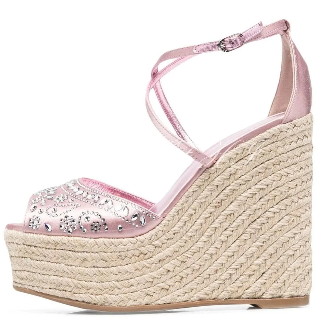 Pink Drop Diamond High Wedge Sandals Peep Toe Green Silk Satin Glossy Cover Heel Platform Cross Strap Design Buckle Women Shoes