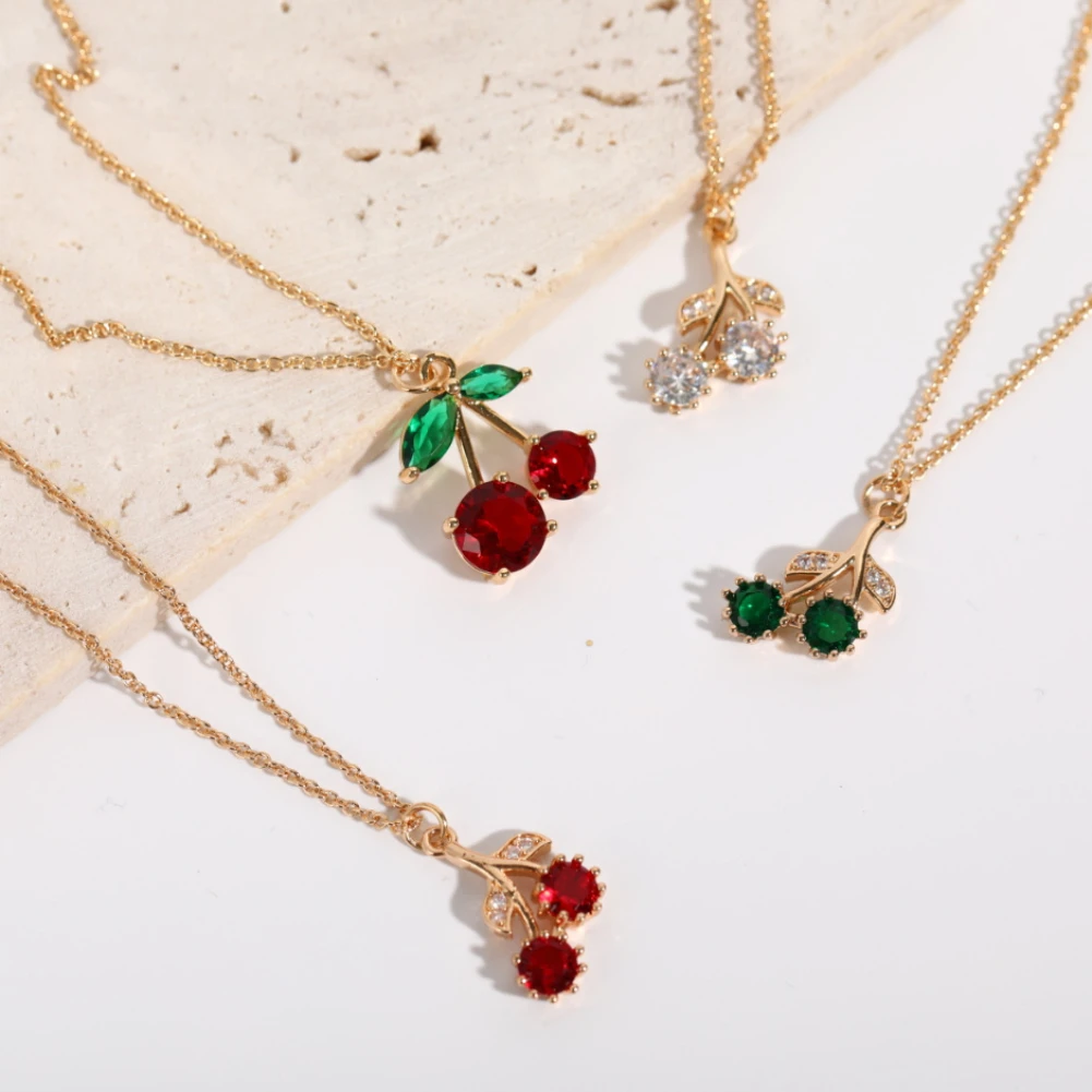 

Cute Romantic Cherry Leaves Element Embedded Rhinestone Pendant Necklace Copper Plated Gold Girls Choker Women Jewelry Gift