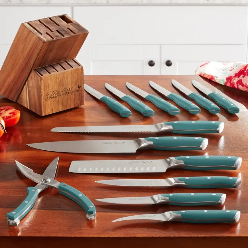 

14pcs Stainless Steel Knife Block Set, Teal Kitchen knives Chef knife Cook Set Chef Utility Slicer Vegetable Peeler
