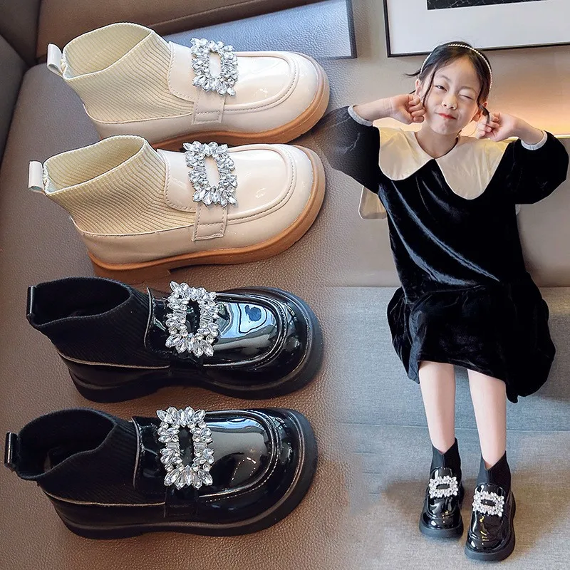 Rhinestone Girls Sock Shoes Children's Leather Boots Autumn Winter Baby Fashion Anti-Slippery Rubber Sole Footwear