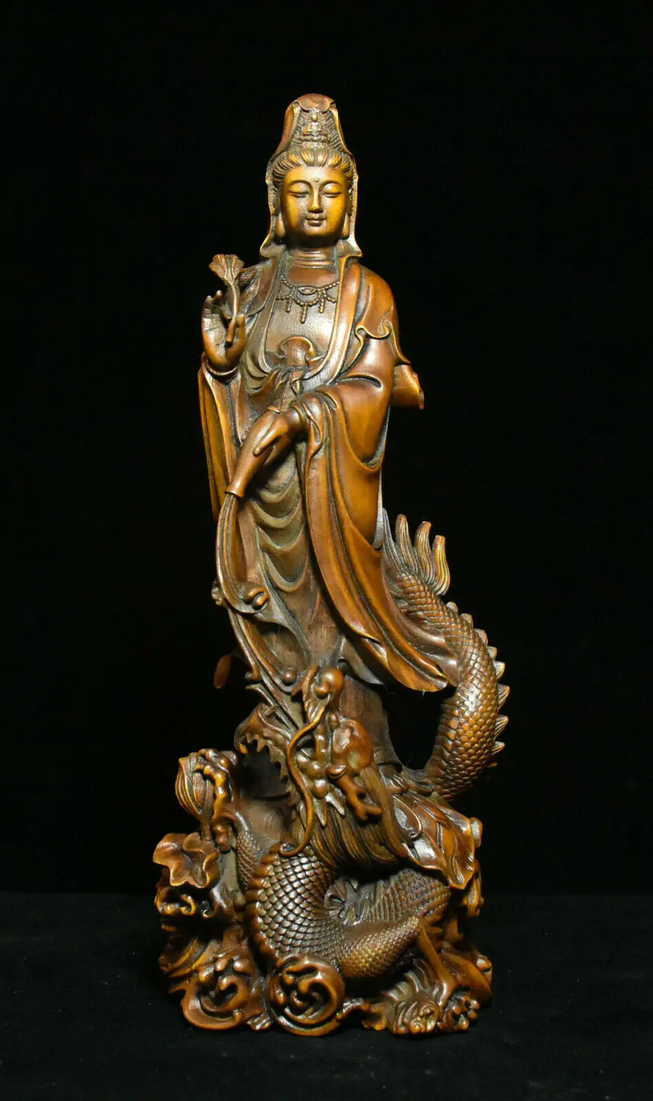 

Old China Boxwood Wood Dragon Kwan-yin Boddhisattva Loong GuanYin Goddess Statue