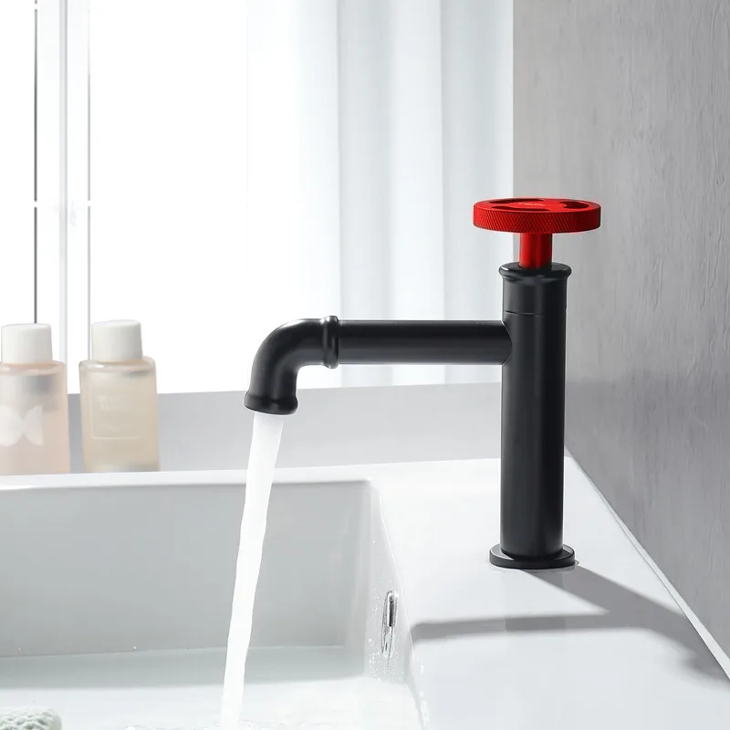 

Basin Faucet Retro Industrial Style Single Cold Bathroom Vessel Sink Taps Matte Black Brass Faucet Water Taps Deck Mount WB1103