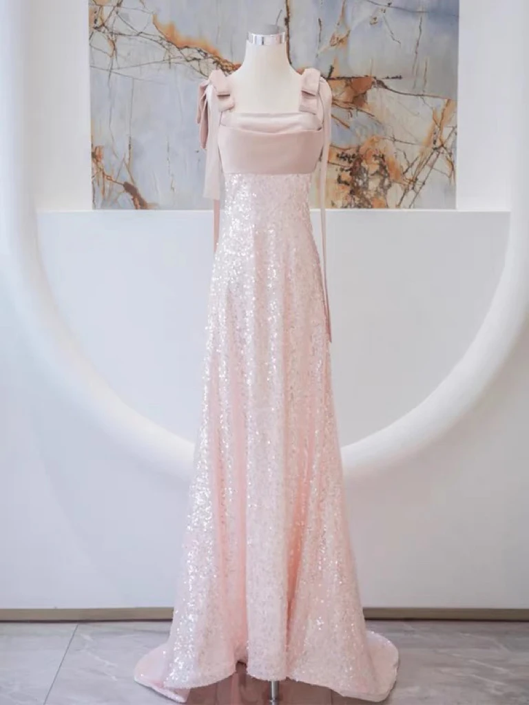 

Rose Pink Bridesmaid Dresses Spaghetti Strap Ribbon Bow Seuqins Quinceanera A-line Woman Pleated Party Celebrity Evening Gowns