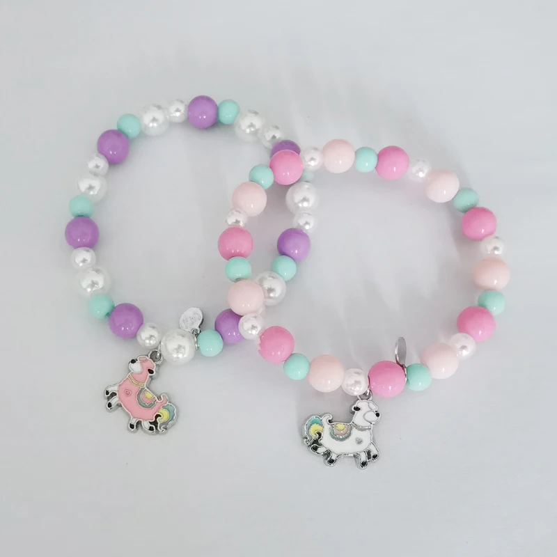 

2 Pieces Set Girls Lovely Alpaca Design Bracelets Pink Cute Beads Wrist Bracelet For Kids Children Animal Birthday Gift