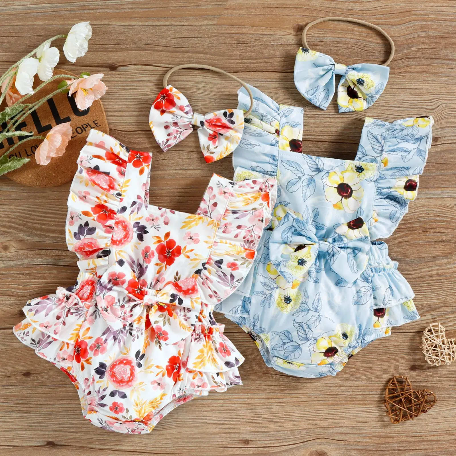 New Cute Baby Short Sleeve Floral Print Ruffle Skirt Romper Bow-Knot Headband Toddler Infant Baby Girls CLothing 2Pcs Set 0-18M