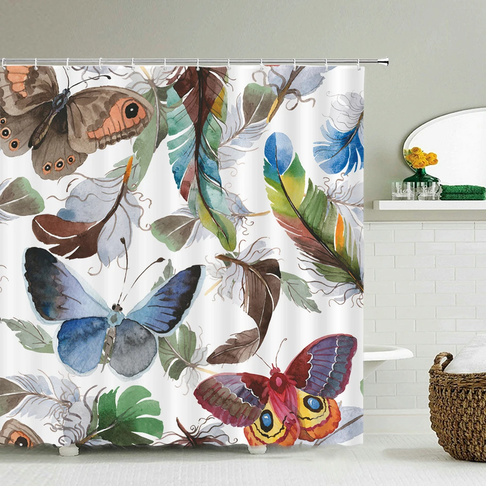 

Watercolor Feathers Shower Curtain Boho Dream Catcher Flower Butterfly Ethnic Decor Waterproof Bathroom Bath Curtain with Hooks