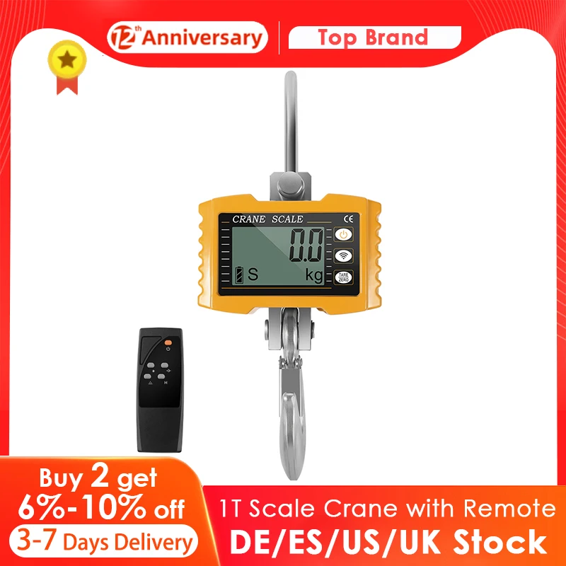 EU Stock 1T Sacle 1000kg High-Precision Crane Scale 42Cr Material Sensor with LCD Display with Backlight Remote Control