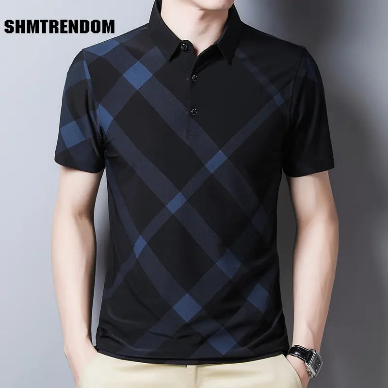 

SHMTRENDOM Plaid Summer Male Polo Shirts High Quality Short Sleeve Simple Casual Mens Polo Shirts Fashion Loose Man Tops 3XL