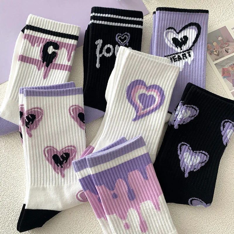 Women Cotton Socks Purple Heart Print Middle Tube Sock American Hip Hop Socks Street Wear Skateboard Socks Sports Sock For Girls