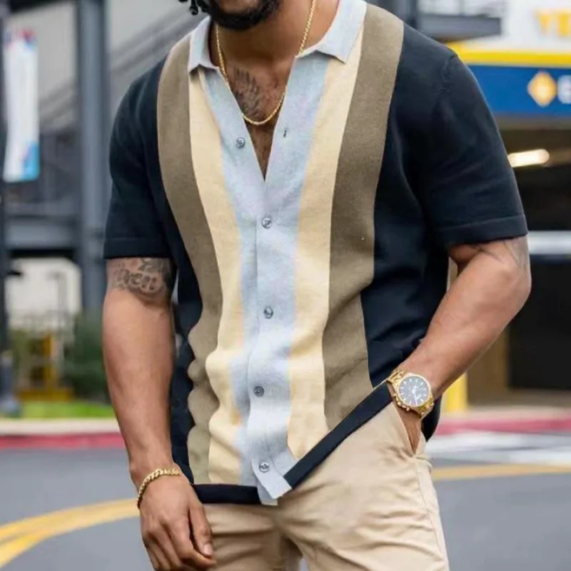 

Men Clothing 2023 Men's New Summer Stripes Against Color Knitted Cardigan Short-sleeved Casual T Shirt