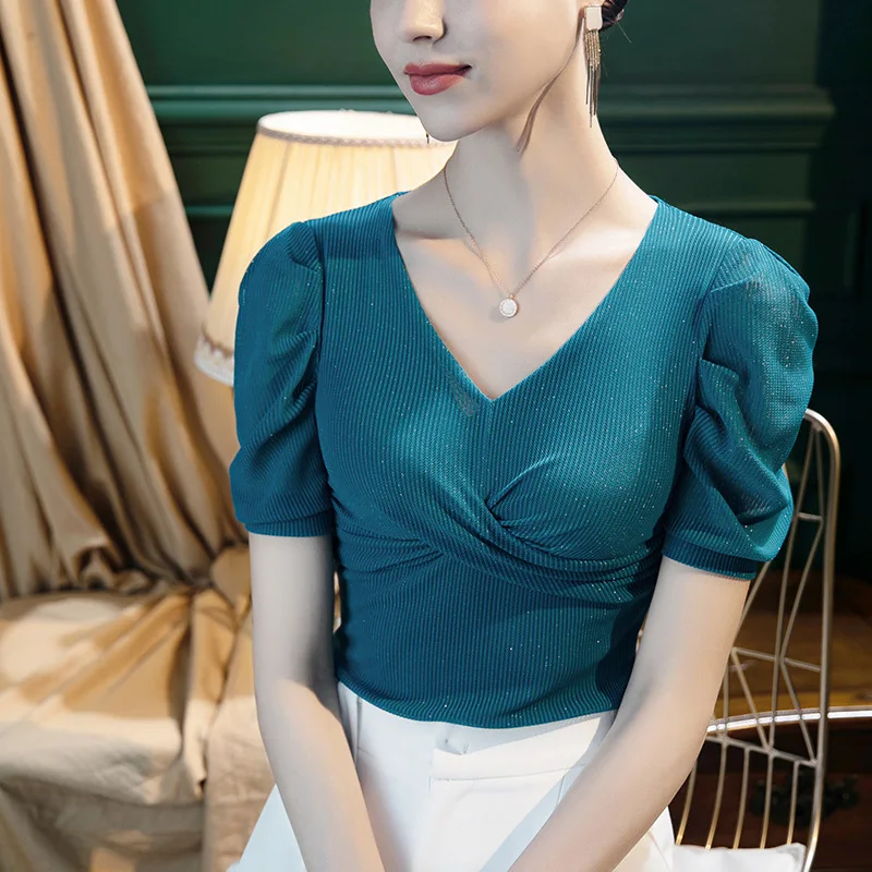 

2022 Summer New Bright Silk Glitter V-neck Short-sleeved T-shirt Women's Slim Puff Sleeves Oversized Stretch Mesh Top Shirts