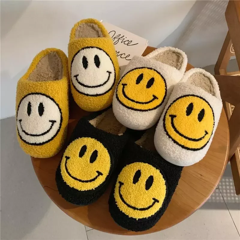 

2023NEW Women Fluffy Fur Slippers Big Smile Floor Slipper Short Plush Fleece Flat For Couple Shoes Black Lady Indoor Slippers