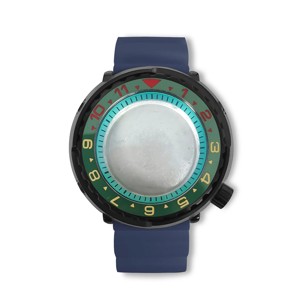 PVD Black 45mm Watch Case Can Case + Light Blue Inner Ring + Blue Rubber Strap Can Accomm Watch Caseodate NH35 NH36 Calibers