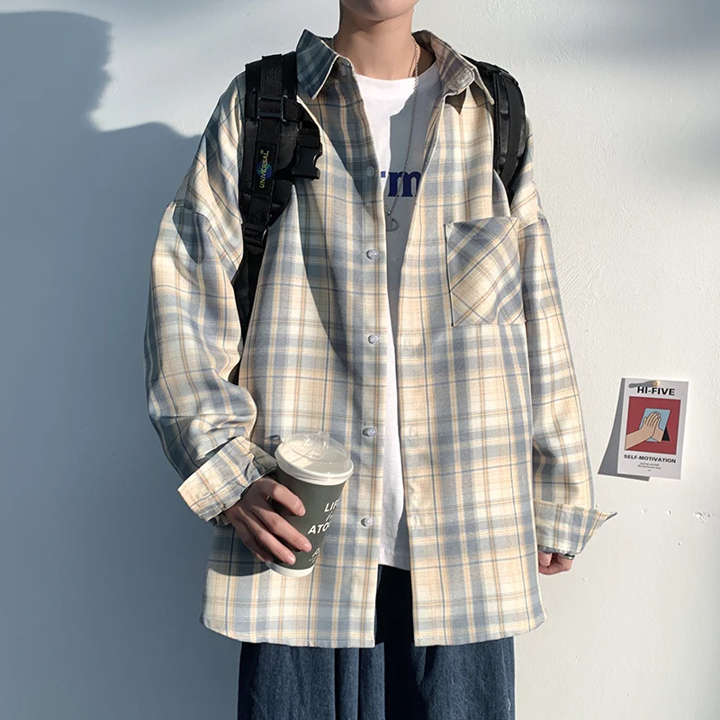 Men's Plaid Long Sleeve Shirts Art Style Autumn Korean Shirt Woman Fashion Trend Casual Oversize Shirt Quality Clothing 2022 New