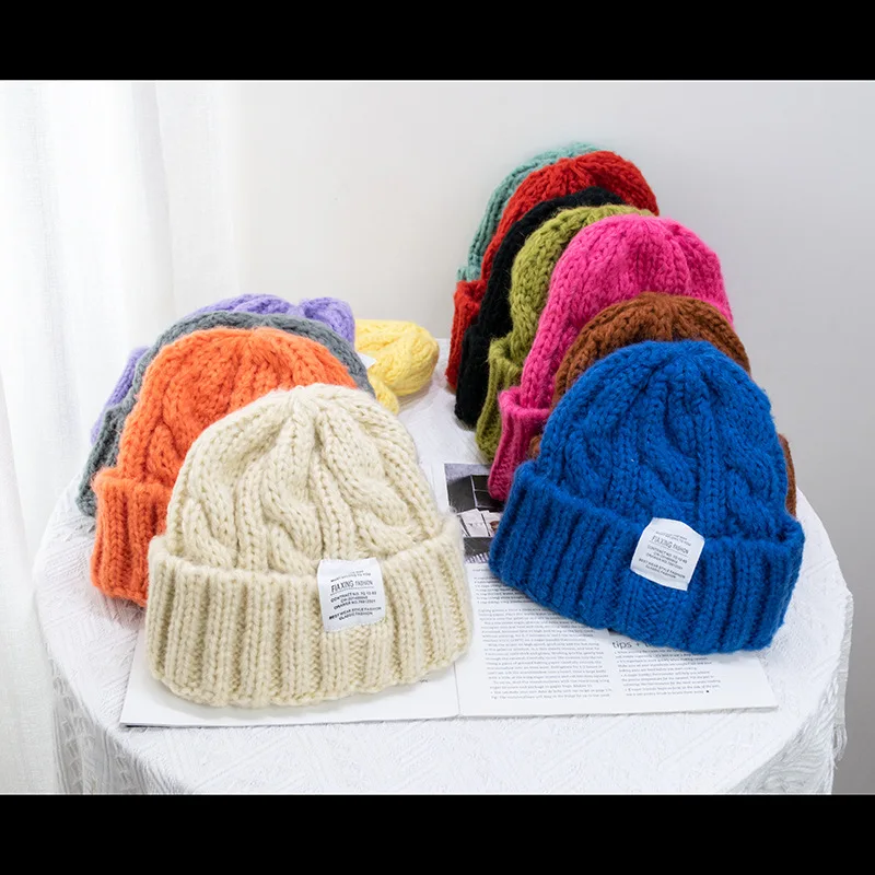 

New Candy Colors Knitted Hats For Women Kpop Style Twist Woolen Beanie Hat Autumn And Winter Female Cap Keep Warm Winter Hat