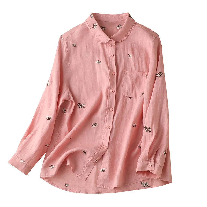 

Женская Прямая рубашка с отложным воротником, розовая льняная рубашка с цветочной вышивкой, льняная одежда, весна 2022