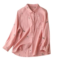 pink 2022 spring shirt women turn down collar embroidery sweet floral linen flax fashion clothes woman straight